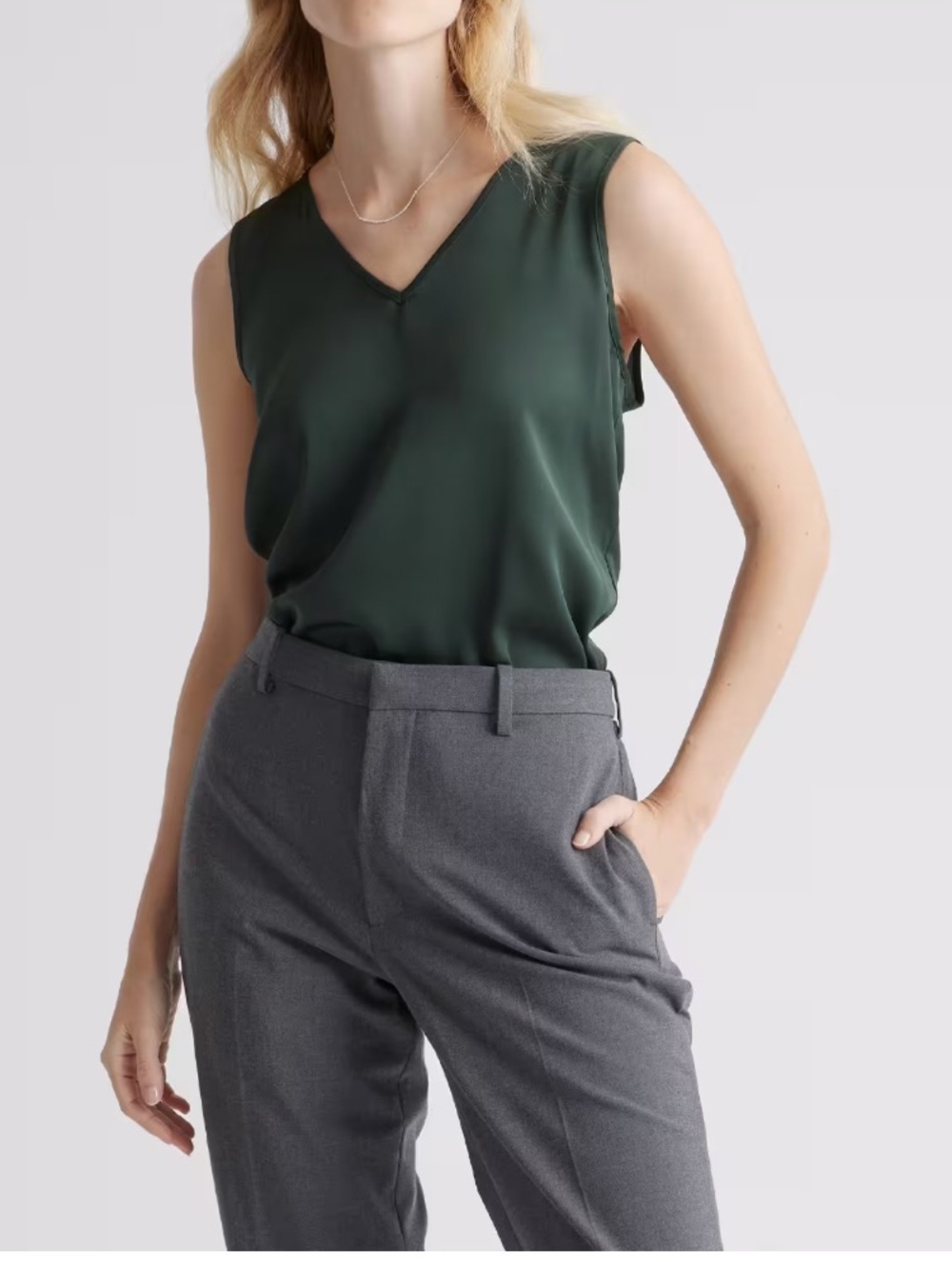 Quince Forest Green V-Neck Washable Silk Tank